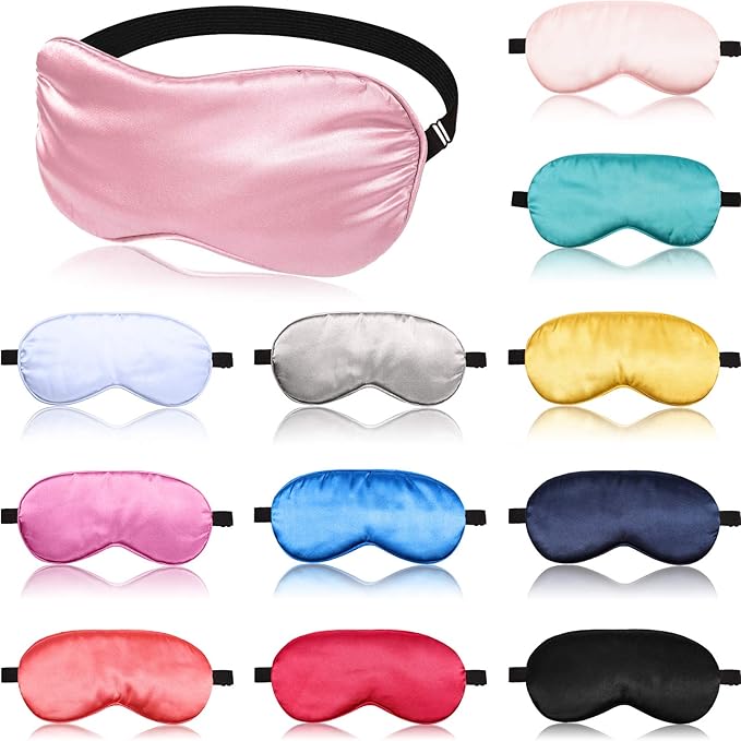 12 Pieces Silk Sleep Mask Pure Silk Sleep Eye Mask with Adjustable Strap Soft and Smooth Eye Cover for Sleeping Blocking Out Lights Men and Women