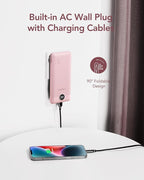 VEGER Portable Charger with Built-in AC Plug and Cables, All in One 10000mAh Ultra Slim Power Bank Travel Essentials, Fast Charging Battery Pack Compatible with iPhone, Samsung, Android (Crepe)
