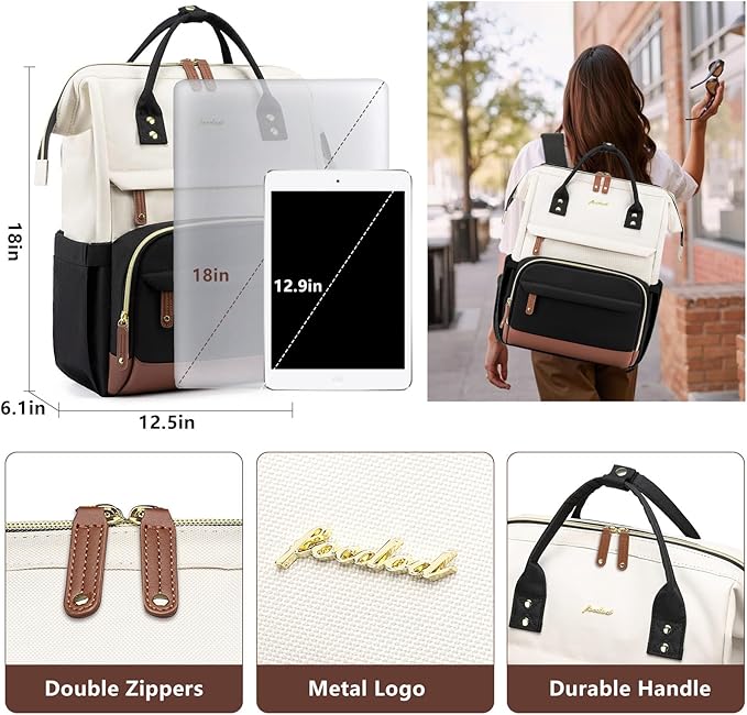 Focdod Laptop Backpack for Womem Work Bags: 18 Inch Anti Theft FashionTravel BackPacks With USB Charging Port Durable Back Pack Purse Bussiness Daypack for Nurse Teacher Beige Black Brown