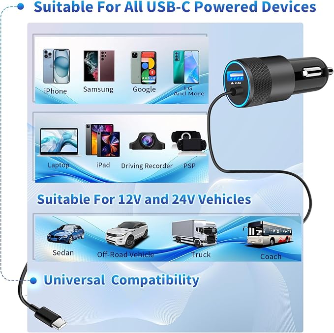 【Apple MFi Certified】iPhone 17 Car Charger, Caiinei 4.8A USB Car Power Cigarette Lighter Adapter USB-C Carplay Fast Charger + 6FT Type-C Cord for iPhone 17/17 Air/17 Pro Max/16/15/Galaxy S25/S24/Pixel