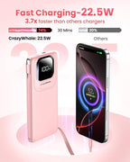 Portable Charger with Built-in Cables,22.5W Super Fast Charging Power Bank Slim Phone Charger,10000mAh Travel Battery Pack Battery Bank with Smart LED Display for iPhone, Android & USB-C (Pink)