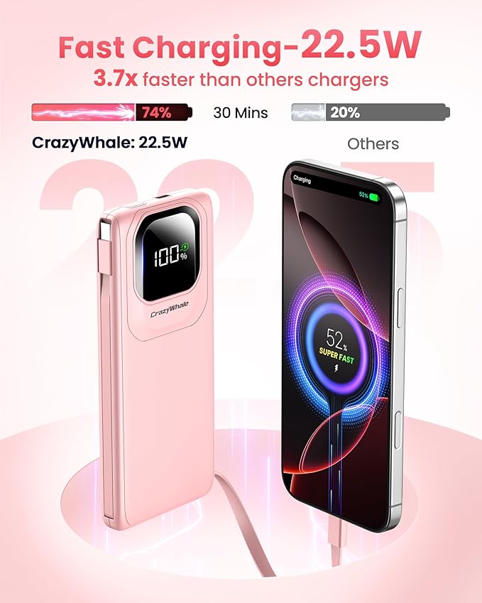 Portable Charger with Built-in Cables,22.5W Super Fast Charging Power Bank Slim Phone Charger,10000mAh Travel Battery Pack Battery Bank with Smart LED Display for iPhone, Android & USB-C (Pink)