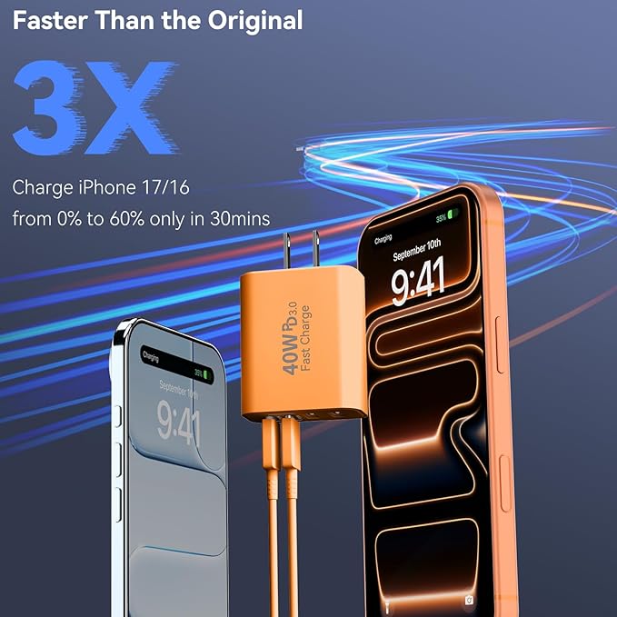 USB C Wall Fast Charger Block, 40W 4-Port Type C Charger Fast Charging Blocks +QC 3.0 USB C Multiport Charger Brick for Phone 17/16/15/14/13/12 Pro Max, Pad, Cosmic Orange