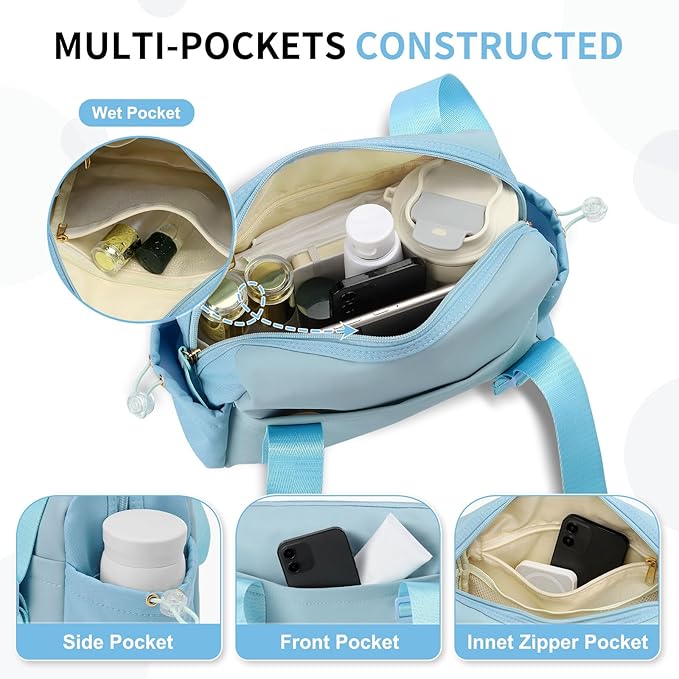 Mini Gym Bag for Women, Yoga Small Sports Bag for Women Girls, Waterproof PU Fitness Tote with Wet Compartment, Sky Blue