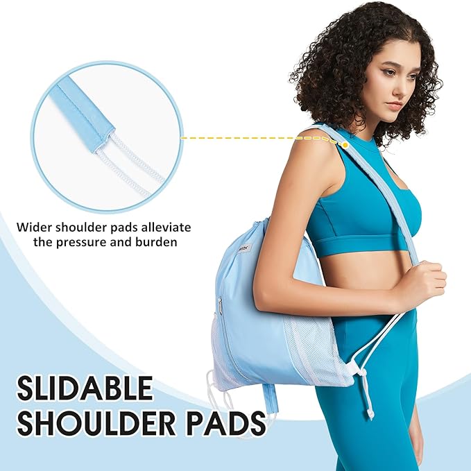 WANDF Drawstring Backpack with Shoulder Pad Sports Gym Backpack with Mesh Pocket String Bag for Women Men(Blue)