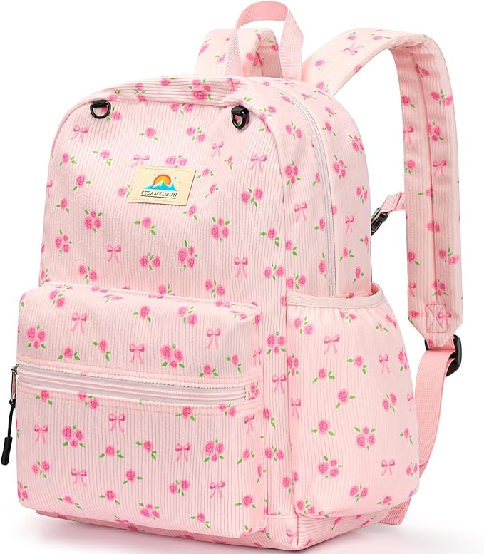 STEAMEDBUN Corduroy Kids Backpack for Girls and Boys 5-8: Girls Backpack for Elementary Kindergarten - 15 inch Cute Backpacks for Kids - Rose