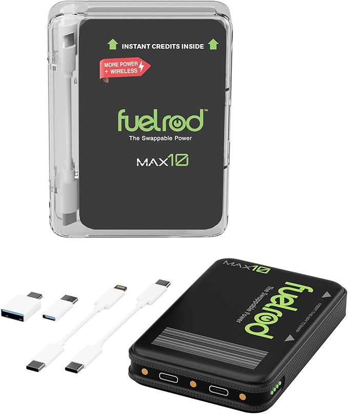 FuelRod MAX10 – High Capacity Portable Charger, Swappable Power, Wireless Charging, USB-C, 10,000mAh