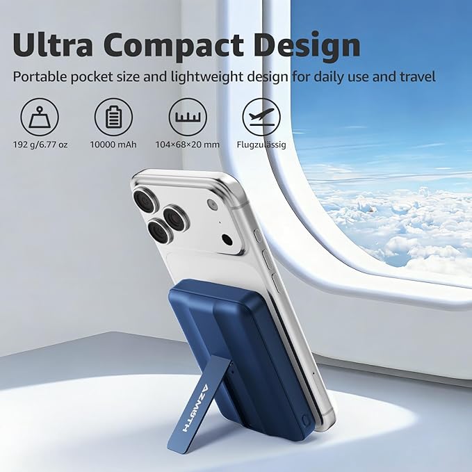 Azmuth Magnetic Power Bank,10000mAh for MagSafe Battery Pack, 22.5W PD Fast Charging,LED Display & Foldable Stand Wireless Portable Charger for iPhone 17/16/15/14/13/12/Pro/Pro Max/Plus,Sea Blue