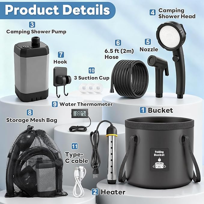 Portable Shower with Heater 6000mAh Rechargeable Camping Shower with LED Display, 3 Spray Modes, IPX7 Waterproof Shower Pump Foldable Bucket Outdoor Showering for Hiking RV Car Travel Pet