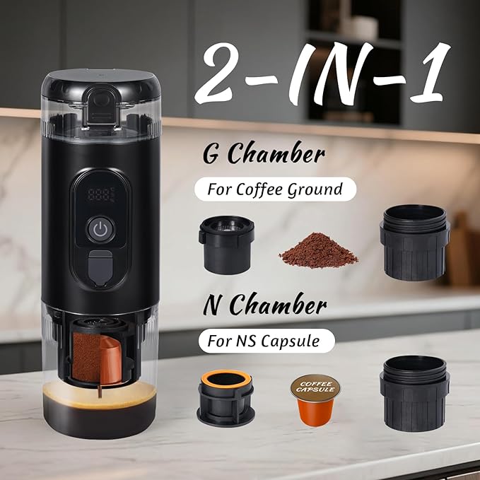 Portable Espresso Maker,Electric Travel Coffee Machine with Self-Heating and 20 Bar Pressure USB-C Rechargeable, Smart Display, 2-in-1 Capsule and Ground Compatible for Camping, RV, Car and Office
