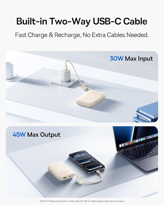 Baseus 20000mAh Compact Portable Charger 45W, CCC Certified Power Bank Built-in USB-C Cables, Travel Essential PD Fast Charging Battery Pack for iPhone 17/16 Series Galaxy S25/S24 Ultra Google iPad