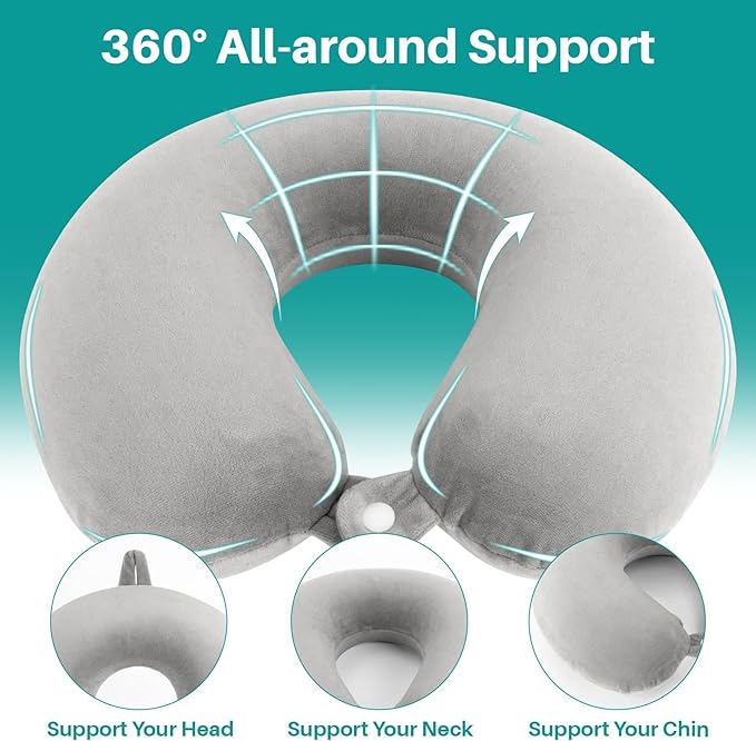 RAINFLOW Neck Pillow for Airplane Sleeping – Memory Foam Travel Pillow with Neck & Head Support, U-Shaped Design for Long Flights, Portable Adult Neck Support Pillow with Washable Cover (Grey)