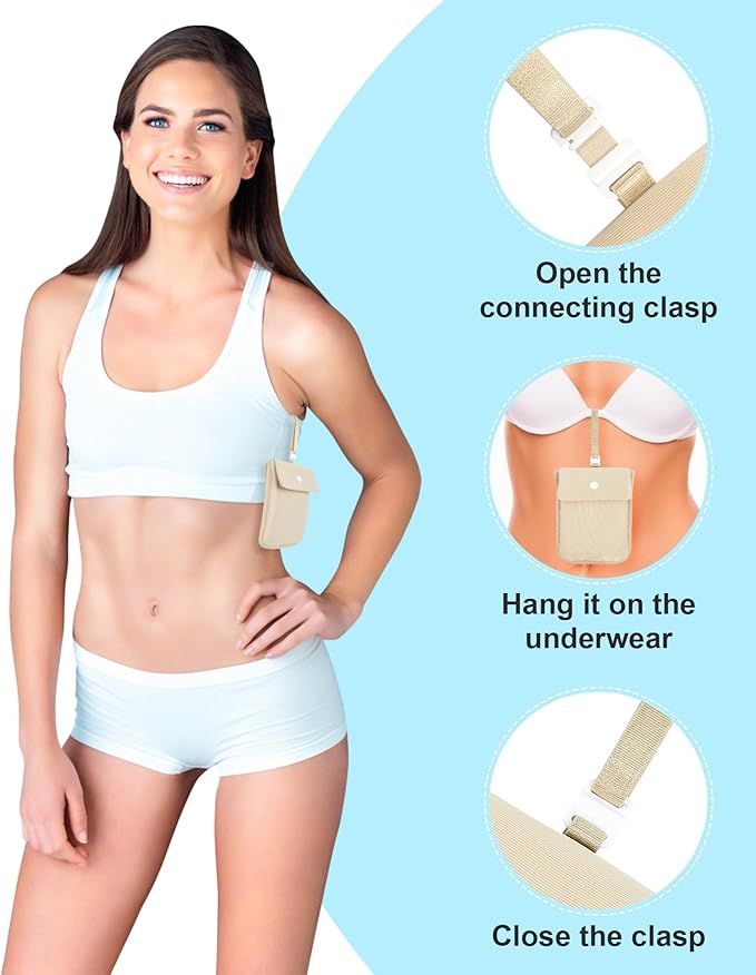 RFID-Blocking Travel Bra Wallet, Hidden Money Pouch with Adjustable Elastic Strap, Ideal Secret Pocket Protect Your Passport Credit Cards Valuables