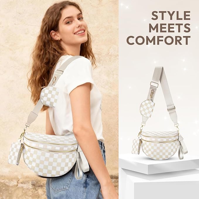 Cross Body Bag for Women Bum Bag Checkered Belt Bags Fanny Packs for Girls Travel Purse Fashion Waist Packs Crossbody Nylon Purse Trendy Shoulder Bags for Womens