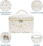 Gosect Large Travel Quilted Makeup Bag for Women,Big Floral Cotton Cosmetic Bag, Cute Coquette Aesthetic Floral Toiletry Organizer Bag (White Cherry)