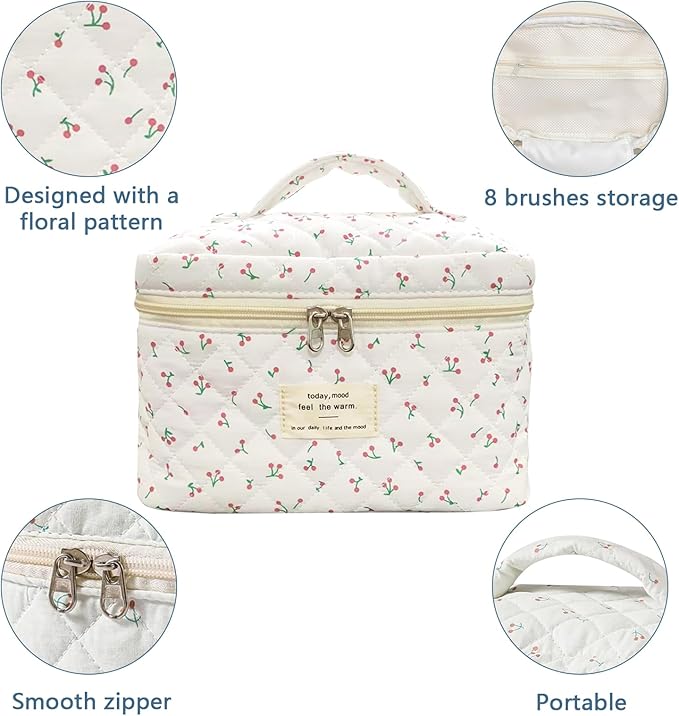 Gosect Large Travel Quilted Makeup Bag for Women,Big Floral Cotton Cosmetic Bag, Cute Coquette Aesthetic Floral Toiletry Organizer Bag (White Cherry)