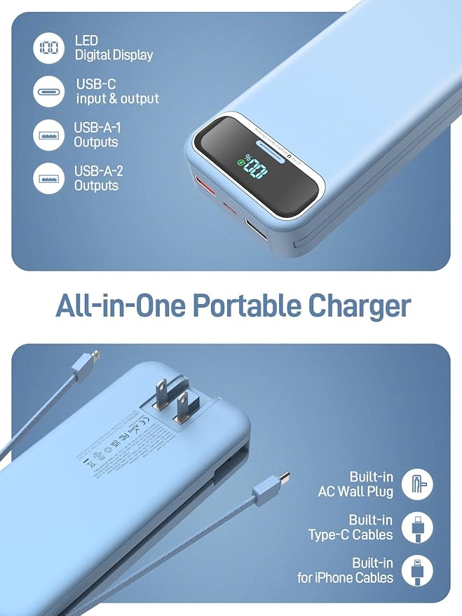 Portable Charger, 20000mAh 22.5W Fast Charging Power Bank with Built-in Cables & Wall Plug, Travel Essential External Battery Pack with LED Display, USB C Battery Phone Charger for iPhone Samsung Blue