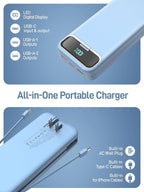Portable Charger, 20000mAh 22.5W Fast Charging Power Bank with Built-in Cables & Wall Plug, Travel Essential External Battery Pack with LED Display, USB C Battery Phone Charger for iPhone Samsung Blue