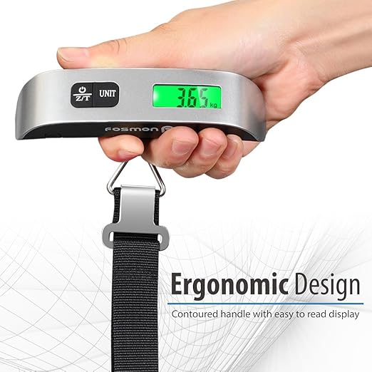 Fosmon Digital Luggage Scale, LCD Display Backlight Temperature Baggage Scale with 110lbs Capacity, Portable Stainless Steel Hanging Luggage Weight Scale with Tare Function for Travelers - Silver