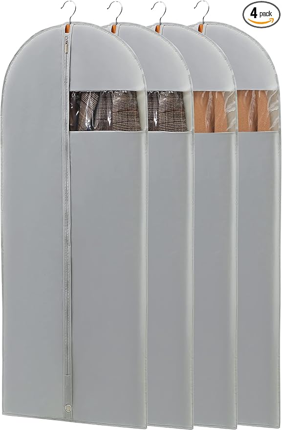 4 Pack - 65" Dress Garment Bags for Hanging Clothes, Dress Bags for Gowns Long, Foldable Long Garment Bag with Clear Window for Closet Storage and Travel - Gray