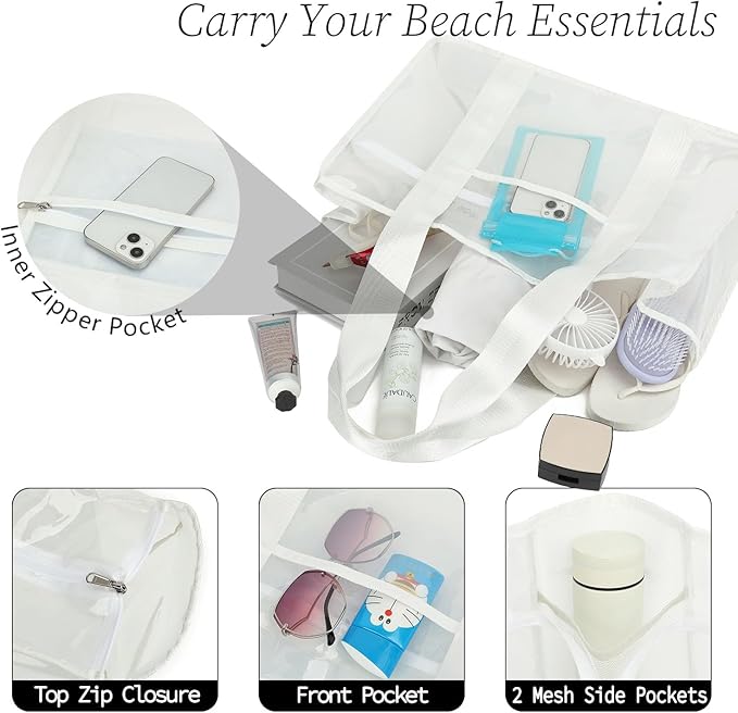 Fammart Iridescent Clear Beach Bag for Women, Jelly Tote Bag Waterproof Sandproof Pool Bag Cruise Vacation Essentials