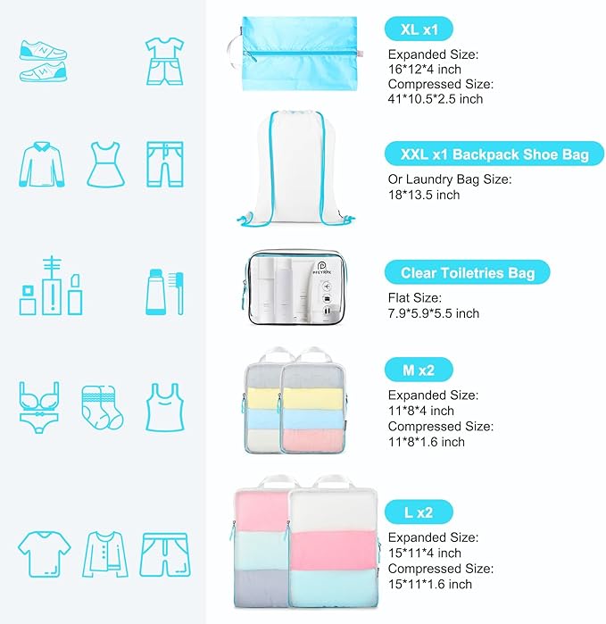 PFEYRPK Lightweight Compression Packing Cubes for Suitcases, Compressible Expandable Travel Packing Organizer with Clear Toiletries and Backpack Bag, Travel Essentials for Carry on Luggage 7 Set