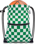 draw string back bag, Large Gym Sports string backpack for men and women with front zipper pocket(Greencheckered)