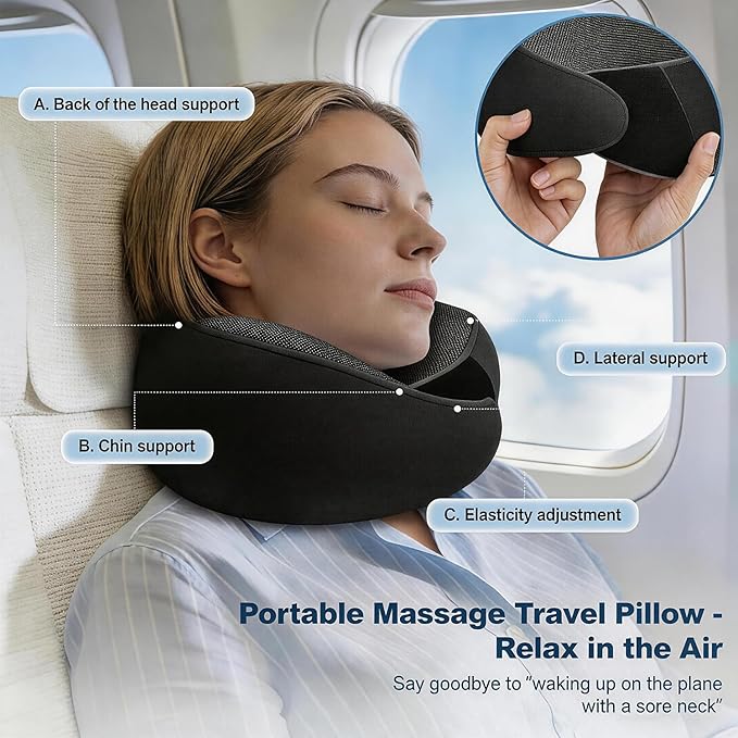 Ergonomic Airplane Pillow and Airplane Foot Hammock, Ultra Portable Neck Pillow with 360° Head Support, Portable Travel Foot Rest with Adjustable Strap, Includes Eye Mask & Ear Plugs, for Flight, Car