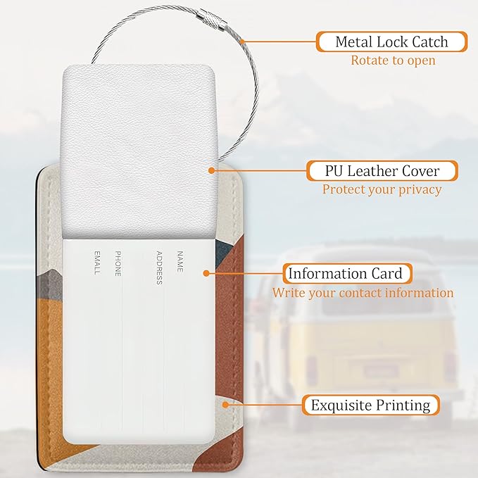 Boho Sun Mountain 3 Pack Luggage Tag for Suitcase, Leather Bag Tags with Privacy Cover ID Label and Durable Steel Loop for Cruise Airport Travel