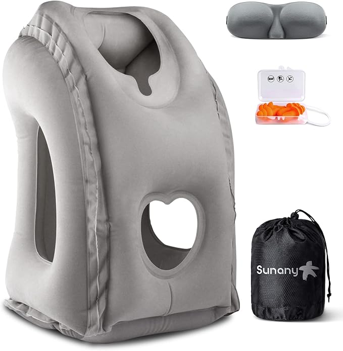 Sunany Travel Pillow, Inflatable Neck Pillow Used for Airplanes/Cars/Buses/Trains/Office Napping with Eye Mask/Earplugs (Gray)