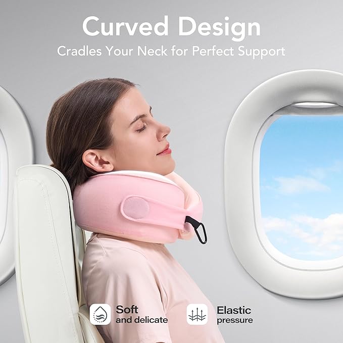 KPNEOL Travel Pillow, 100% Pure Memory Foam Travel Neck Pillow Airplane Neck Support Ergonomic Design for Traveling Suitable for Airplanes,Offices and Cars-Cooling Silk Light Pink