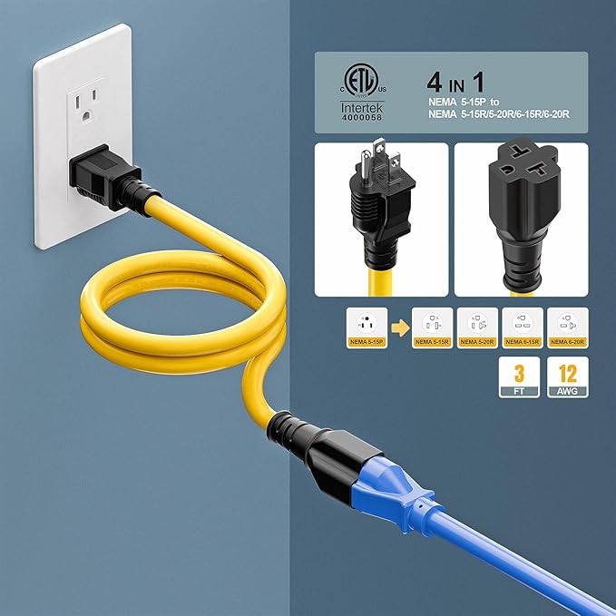 [3-Feet]NEMA 5-15P Extension Cord, Plugrand NEMA 5-15P to 5-15R/ 5-20R/ 6-15R/ 6-20R AC Adapter, 12AWG 15 Amp to 20 Amp T Blade Adapter Cable, 15A 125V to 20A 250V Extension Cord, 3FT