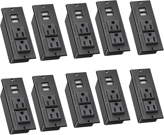 10-Pack Recessed Power Strip Desktop Power Grommet Conference in Desk Outlet Power Socket 2 Outlets &2 USB Ports 10 FT Extension Power Cord, ETL Listed
