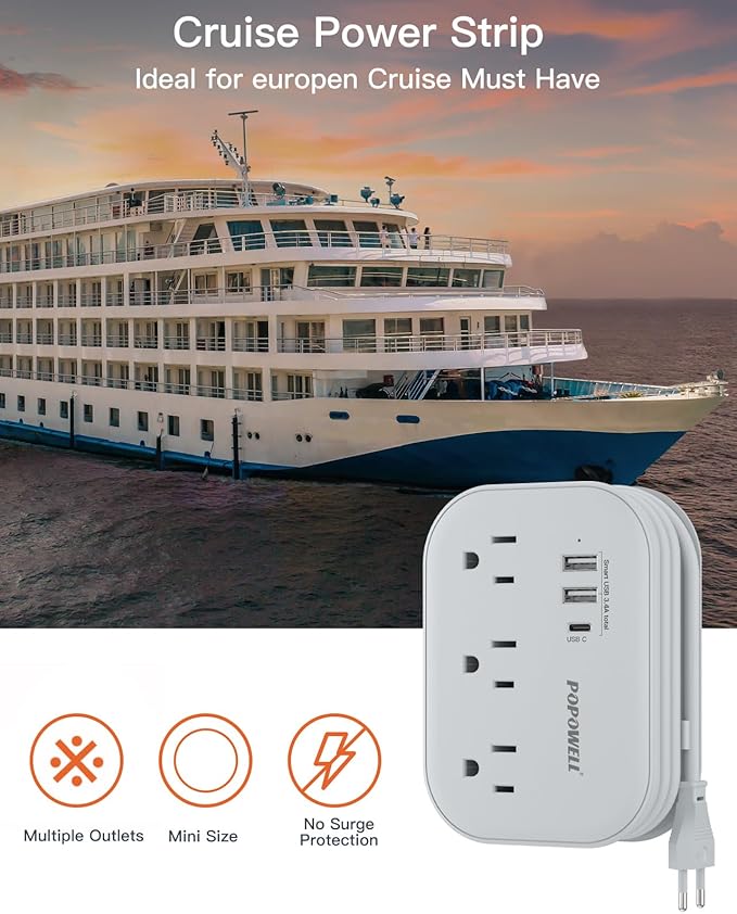 European Travel Plug Adapter USB C, Popowell International European Plug Adapter, 4 FT Travel Power Strip with 3 Outlets & 3 USB, Type C Power Adapter Travel Essential for Italy Spain France Germany.