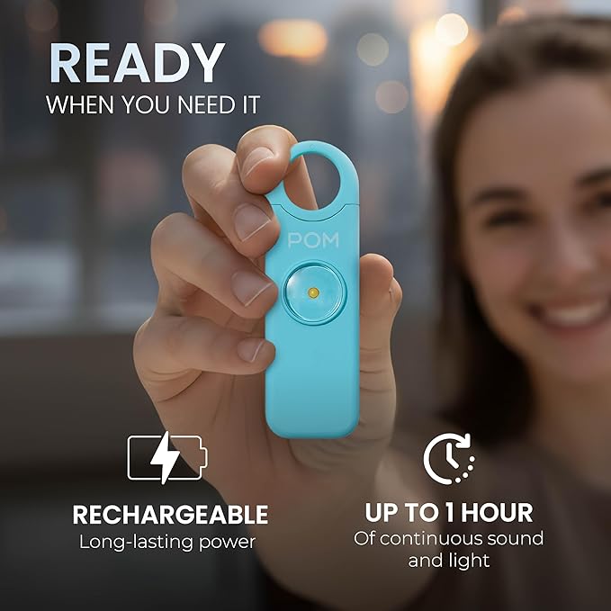POM Personal Safety Alarm for Women – 130dB Loud Emergency Siren, USB-C Rechargeable with Bright LED Flashlight, Portable Keychain Design for Self Defense, Purse, Backpack & Travel (Aqua)