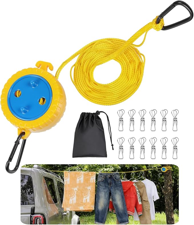 Retractable Camping Clothesline, Portable Travel Clothes Line, Windproof Laundry Line with Clothespins & Hang Holes, Indoor Outdoor Drying Rope for Hotel Trip, Cruise, RV (Yellow, 12.5 Ft)