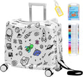 Kids Ride-On Suitcase with Cute Ears, DIY Graffiti Coloring Design, 20" Carry-On Luggage with 4 Spinner Wheels, Pull Rope & Combination Lock – Rideable Travel Case for Toddlers & Children(White)