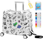 Kids Ride-On Suitcase with Cute Ears, DIY Graffiti Coloring Design, 20" Carry-On Luggage with 4 Spinner Wheels, Pull Rope & Combination Lock – Rideable Travel Case for Toddlers & Children(White)