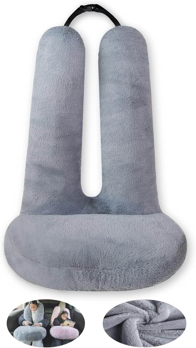 FHSGGP Travel Pillow Car Travel Sleep Support Pillow 2-in-1 Lap Pillow and Car Pillow with Neck and Body Support for Adults and Kids on Long Trips Kids Travel Pillow Gray