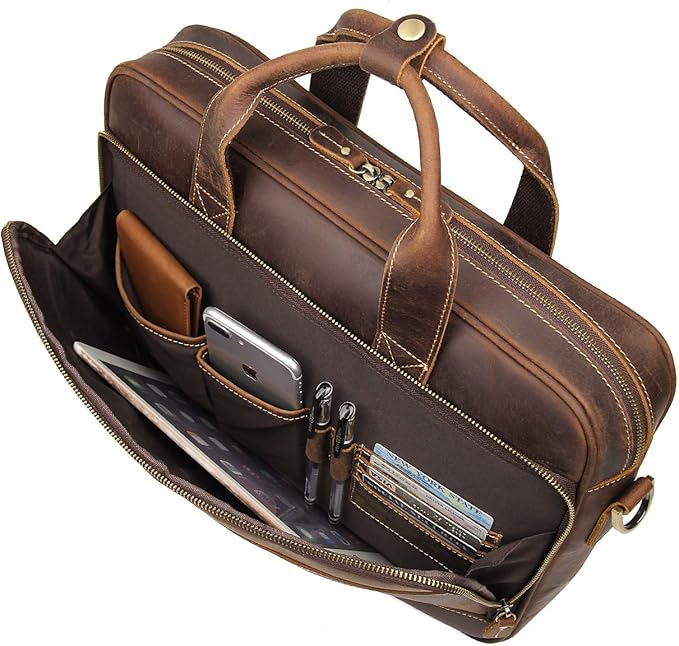 Augus Leather Messenger Bag for Men Vintage Travel Backpack 17 inch laptop Briefcase Shoulder Bags