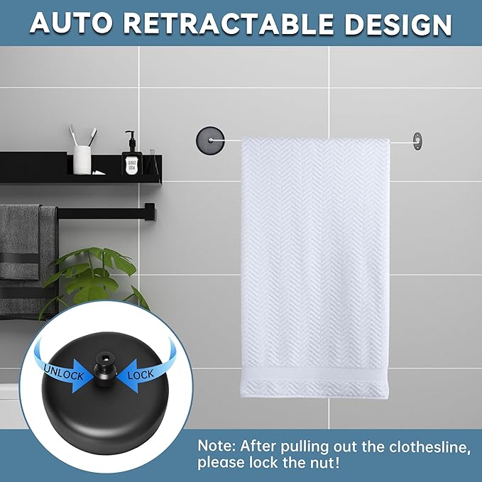 SUS304 Retractable Clothesline with Adjustable Nylon Clothing Rope for Bathroom Laundry Hotels (Black)