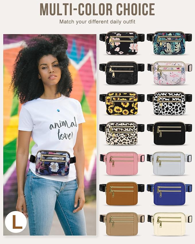 Capolo Fanny Packs for Women Fashion Waist Packs Bag with Adjustable Strap and 4 Zipper Pockets Waterproof Everywhere Crossbody Belt Bag for Workout Running Travelling(Watercolor Print, Large)
