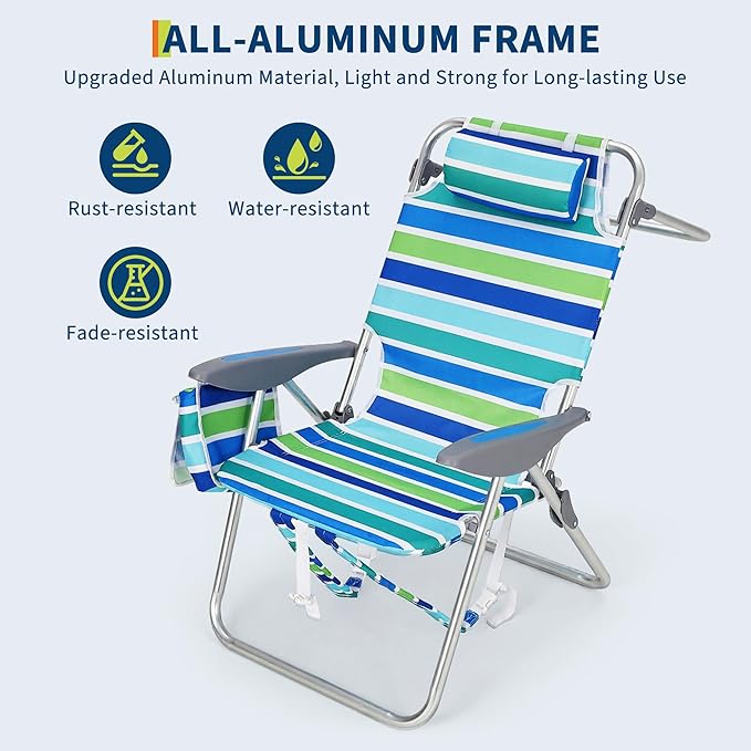 GarveeLife High Backpack Beach Chair for Adults 2 Pack, Lightweight Portable Lay Flat Folding Beach Chair with 5 Positions, Backpack Straps, Phone Pocket, Cup Holder, Cooler Pouch & Towel Bar