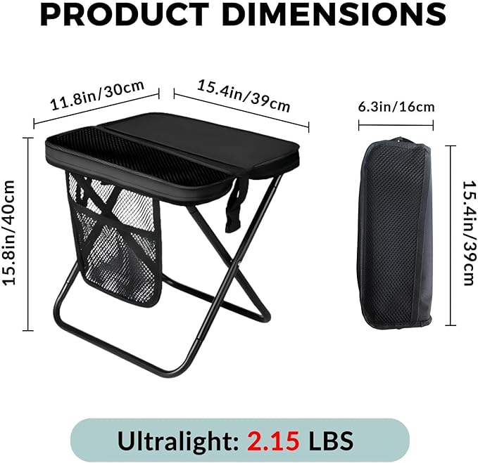 16" Portable Collapsible Stool - Folding Chair with Storage Pouch, Convertible Satchel for Hands-Free Carry & Supports 300Lbs, Ultralight for Hiking, Fishing, Camping, Festivals (Black, Large)