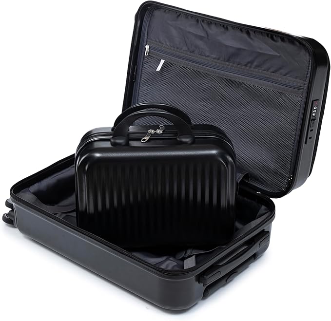 GDFStudio 14/20 Inch 2 Piece Luggage Set with Front Opening Design, ABS Hard Shell Spinner Suitcase with Combination Lock,360° Silent Wheels, Retractable Handle, and 14” Portable Cosmetic Case,Black