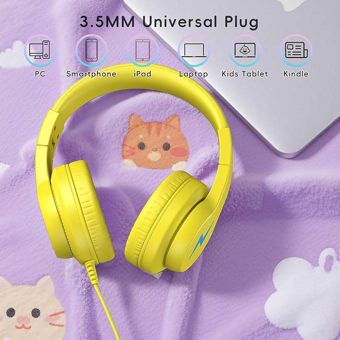 Candy Bila Kids Headphones, Wired Headphones for Kids Over Ear with Microphone, 85/94dB Volume Limiter Headphone for Girls Boys, Foldable Headphone for Learning & Entertainment, Yellow