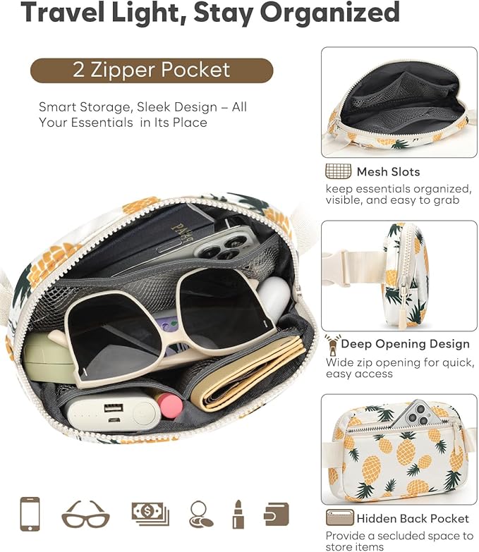 Pritent Fanny Packs for Women Cross Body Bag Waterproof Belt Bag with Adjustable Strap and Zipper Back Pocket Small Crossbody Bags Fashion Waist Packs for Workout Travelling(Pineapple)