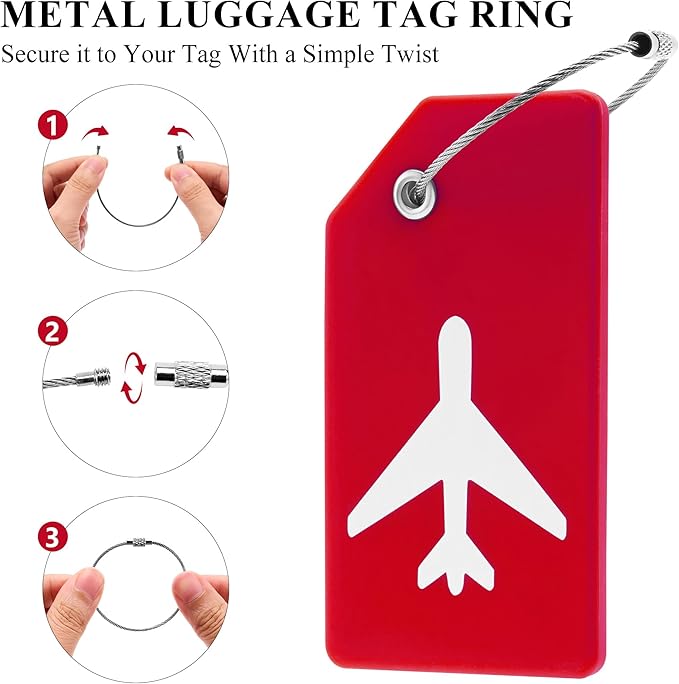 5 Pack Silicone Luggage Tag for Suitcases with Stainless Loop, TSA Approved, Privacy Protection Travel Essentials Bag Tags by Gostwo, Red