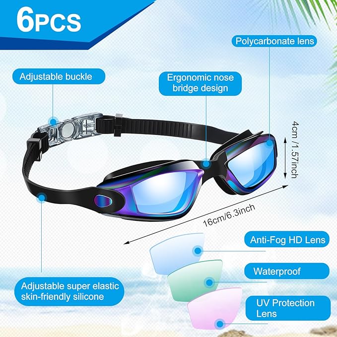 Flutesan 6 Pack Swim Goggles for Adult Anti Fog Swimming Glasses with Ear Plugs Nose Clip No Leaking Full Protection Goggles