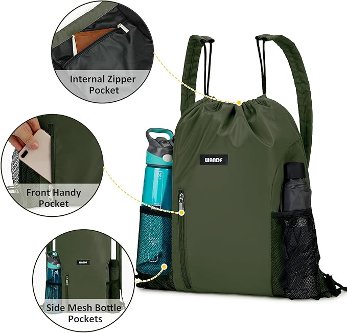WANDF Drawstring Backpack with Shoulder Pad Sports Gym Backpack with Mesh Pocket String Bag for Women Men(Dark green)